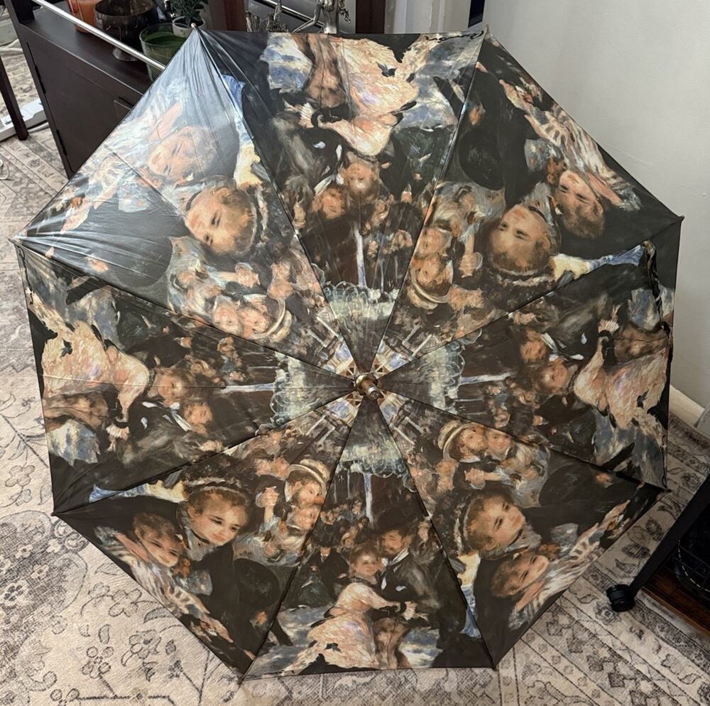 VTG Renoir Art Print Paras LG Umbrella Wood Brass Handle Painting Parasol Cane
